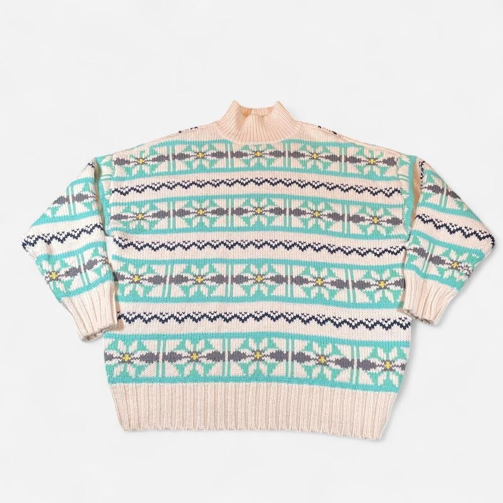 •American Eagle 90’s cream teal geometric pattern oversized chunky knit sweater